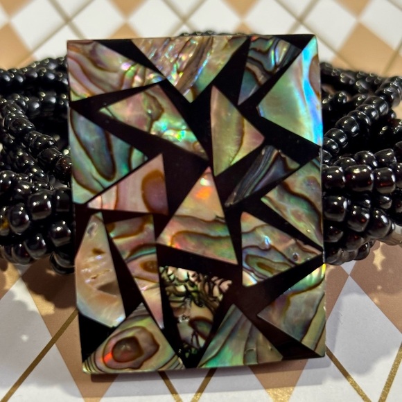 Vtg Stretch Bracelet Glass Beaded multi strand Inlaid Abalone Shell - Picture 7 of 7